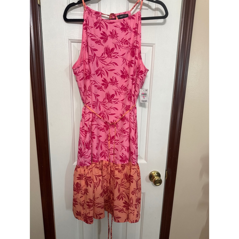 INC International Concepts Pink Floral Halter Neck Tie Waist Midi‎ Dress